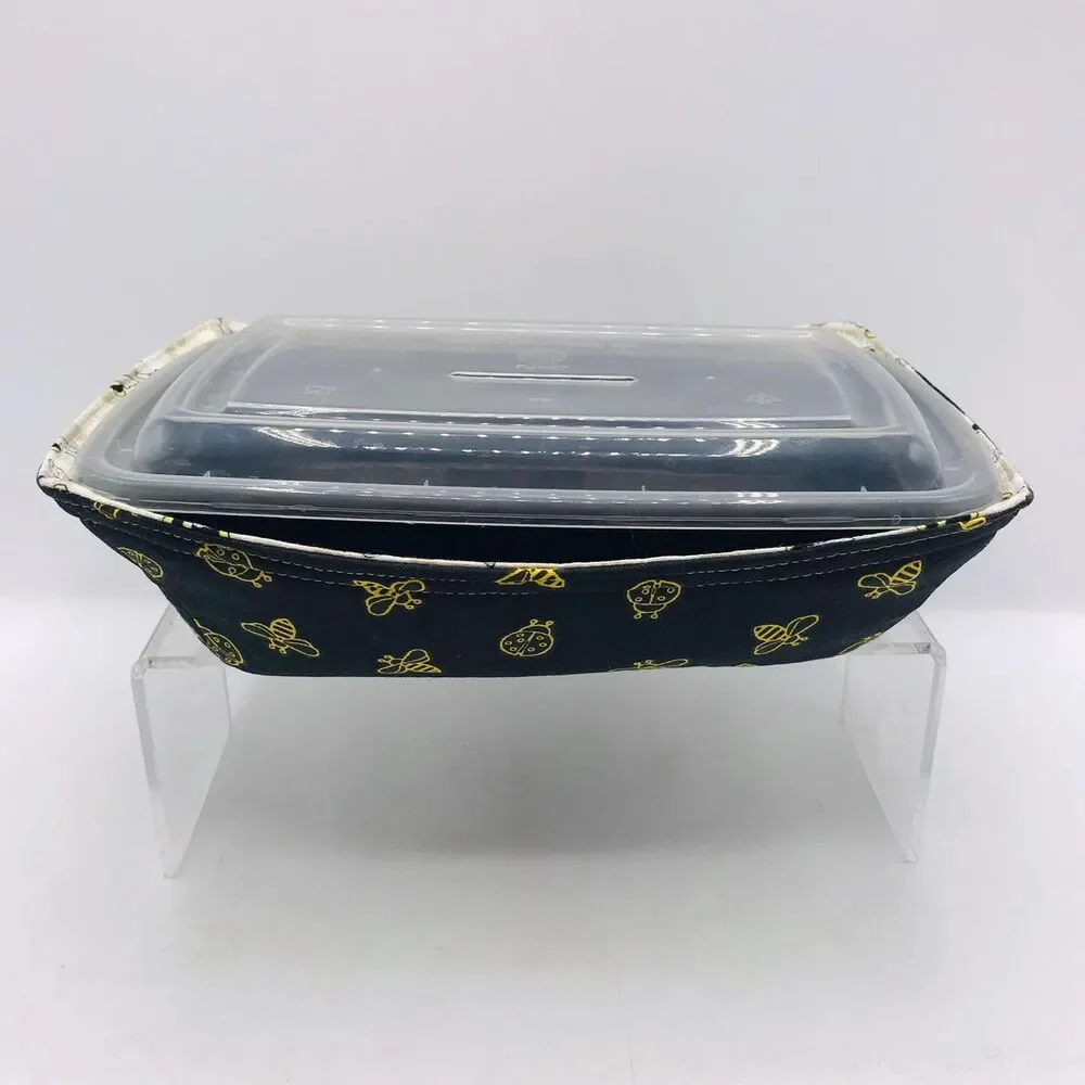 Reversible Microwave Cozie For Takeout Containers Farmhouse Yellow Bees on Black